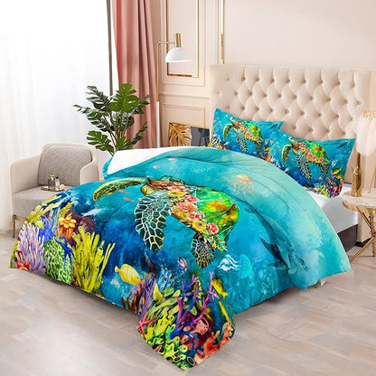 Kids Turtle Rose Comforter Set Twin Beach Theme Jellyfish Starfish Bedding Set Sea Animal Reptile Bed Set with 2 Pillowcases for Boys Girls Room Decor