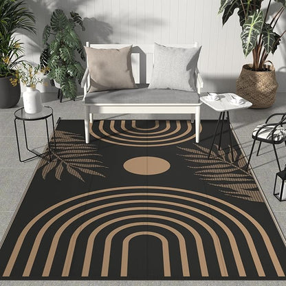 GENIMO Outdoor Rug 8' x 10' Waterproof for Patio Clearance, Reversible Lightweight Plastic Straw Camping Carpet, Large Area Rugs Mats for Rv, Backyard, Deck, Porch, Picnic, Balcony, Mix-Black & Brown