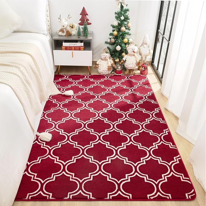 Chicrug Shag Geometric 6x9 Area Rug for Living Room, Large Modern Memory Foam Indoor Carpet, Fluffy Rug for Bedroom Bedside Room Decor for Family Girls Kids Nursery, Wine Red/White