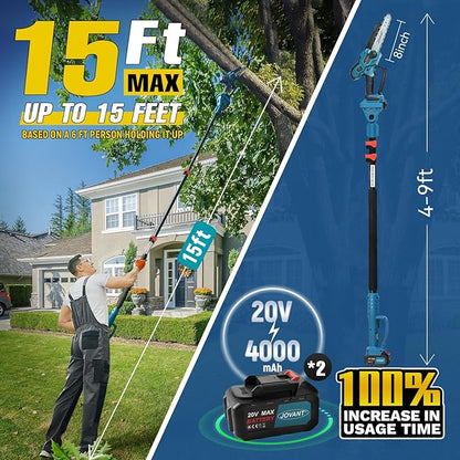 Cordless Pole Saw with 2 Max 20V*4Ah Batteries,8inch Chainsaw and Pole tree trimmer, Electric Pole Saw and Branch cutter Battery Powered,15-Foot Reach for Tree Trimming and Pruning
