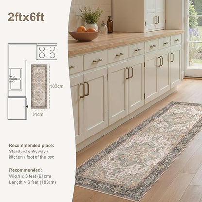 Washable 2x6 Runner Rug - Area Rugs Neutral Vintage Distressed Floral Farmhouse Boho Large Soft Floor Rug Indoor Carpet for Hallway Entryway Bedroom Kitchen - Forest Green Orange