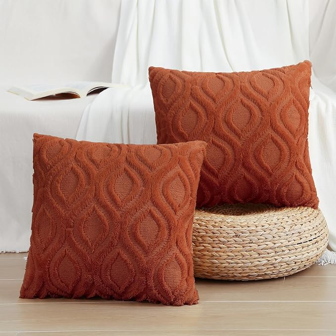 decorUhome Fall Throw Pillow Covers 24x24 Inch Set of 2, Soft Plush Decorative Faux Fur Rust Solid Couch Pillow Covers, Accent Farmhouse Neutral Square Euro Pillow Cases for Sofa Bed Living Room