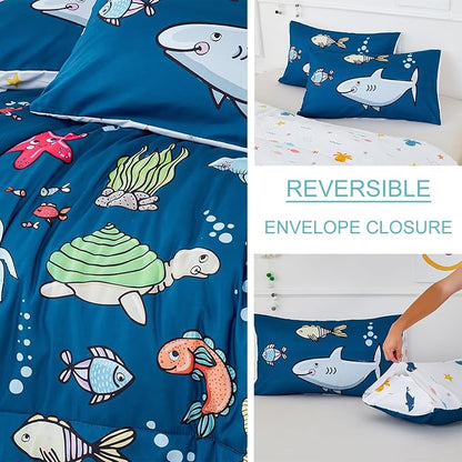 WINLIFE 3 PCS Full Comforter Set for Boys, Super-Soft Reversible Teen Bed Sets Comforter, Ocean Theme Printed Comforter, Easy Wash Bedding Quilt (3PCS, Navy Blue, Sharks/Dolphins/Fish)