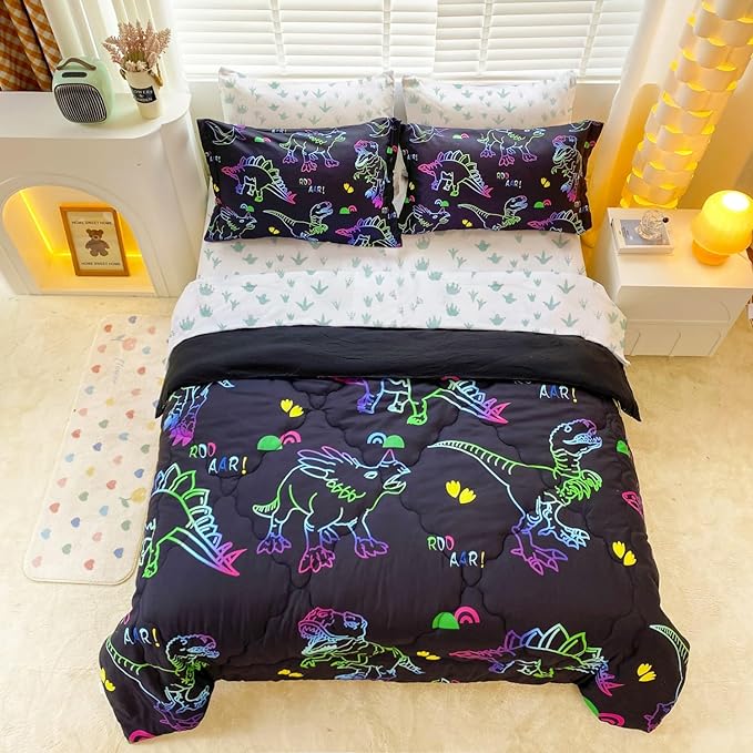 7 Piece Boys Dinosaur Comforter Bedding Set Bed in A Bag Full Size for Kid Girls Teens Dinosaurs Animal 3D Print Gradient Line Bedding Set with Comforter Sheet Set Pillowcase and Sham