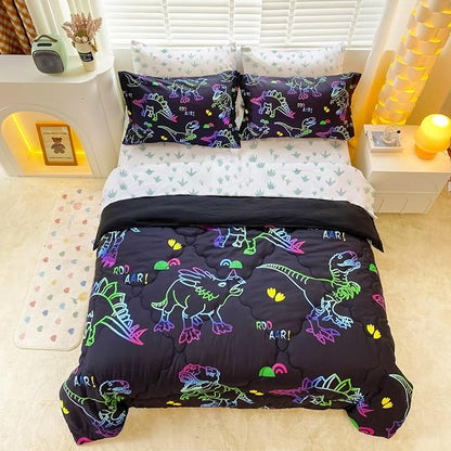 7 Piece Boys Dinosaur Comforter Bedding Set Bed in A Bag Full Size for Kid Girls Teens Dinosaurs Animal 3D Print Gradient Line Bedding Set with Comforter Sheet Set Pillowcase and Sham