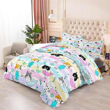 Girls Cat Bedding Set Queen Size - 3Pcs Cute Cartoon Mermaid Tail Cat Patterns Comforter Set for Girls Boys Kids Bedroom Cat Bedding Room Decor for All Season, 1 Comforter 2 Pillow Cases