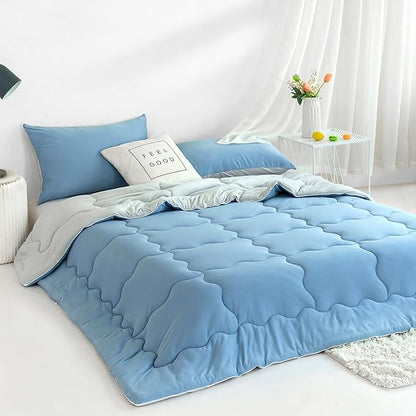 COTTEBED Reversible Light Blue and Grey Bed Comforter Twin Set, Jersey Knit T-Shirt Feel Ultra-Soft Lightweight Bedding Blanket Quilt & Pillowcase for Kid Boy Girl College Dorm All Season(Twin/TwinXL)