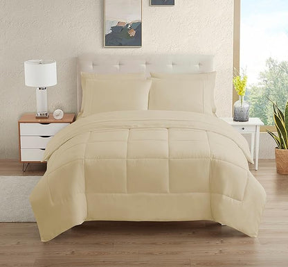 Dorm Room Essentials College Bedding Comforter Set 5 Piece Twin Size Bed in a Bag for College Students Boys and Girls, Twin, Cream/Beige