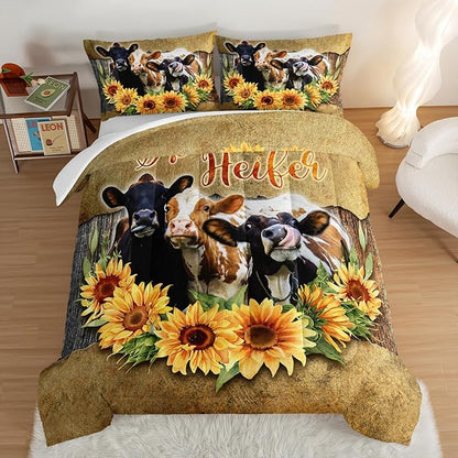 HOSIMA Farmhouse Animal Cow Comforter Western Bedding Sets,Sunflower Comforter for Girls Boys Teens,Cow Print Bedding Room Decor,Floral Full Size Comforter Set with 2 Pillowcases.