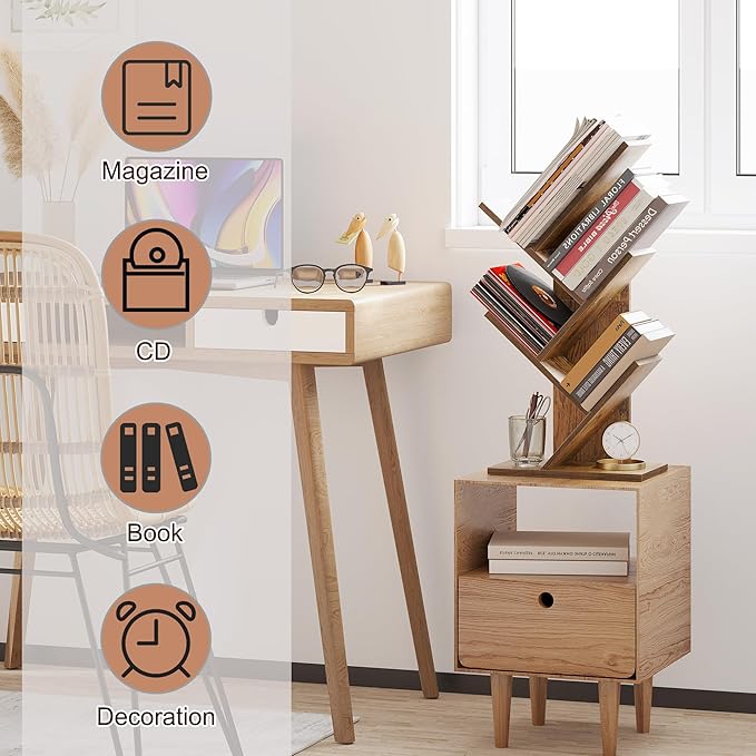 SUNMORY 4 Tier Tree Bookshelf, Small Bookcase, Modern Narrow Bookshelves Organizer, Floor Standing Book Shelf for Bedroom/Living Room/Home Office/Corner, Brown