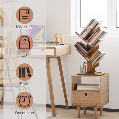 SUNMORY 4 Tier Tree Bookshelf, Small Bookcase, Modern Narrow Bookshelves Organizer, Floor Standing Book Shelf for Bedroom/Living Room/Home Office/Corner, Brown