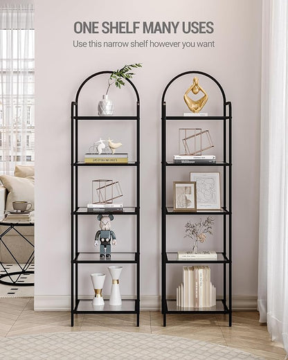 Bookcase Bookshelf, Tempered Glass Bookshelves, Slim Shelving Unit for Bedroom, Bathroom, Home Office, Steel Frame, 5 Tier Black BC05001B