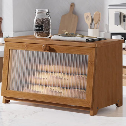 Kitsure Wooden Bread Box for Kitchen Countertop, 1-Tier, Brown | Large Capacity Kitchen Countertop Organizer, Stylish Bread Storage with Window, Multi-functional Container