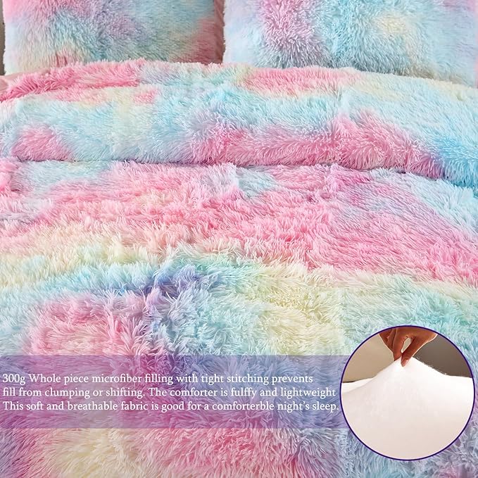 WINLIFE Shaggy Bedding Comforter Set Faux Fur Flannel Furry Comforter Microfiber Long Hair Fluffy Plush Comforter Sets Gradient Ombre Tie Dye MultiColor Bedding for Girls Adults (3Pcs, Full, Rainbow)