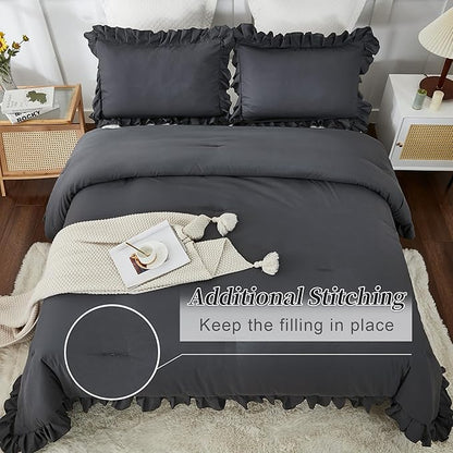 Andency Queen Comforter Set Dark Gray, 3 Pieces Boho Lightweight Summer Solid Bedding Comforters & Sets, Double Women Men Grey Ruffle Farmhouse Bed Set (90x90In Comforter & 2 Pillowcases)