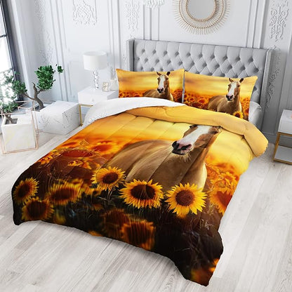 Horse Comforter King Size,Sunflower Horse Comforter Set for Kids Teens Girls Boys,3Pcs Bedding Set Printed Comforter with 2 Pillowcases,Soft and Lightweight，King Size