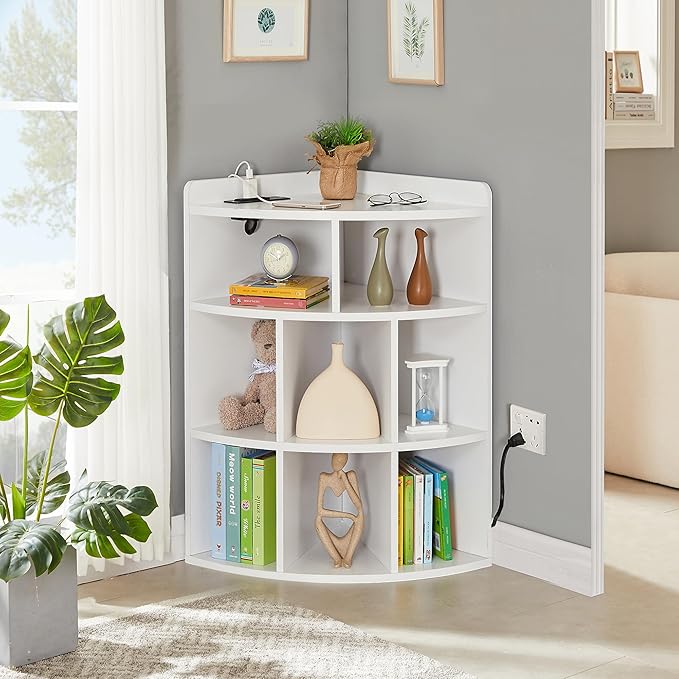 Vecelo Corner Cabinet with Charging Station, 3-Tier Bookcase Cube Storage Organizer with USB Outlets, Triangle Corner Bookcases with 8 Cubbies for Playroom, Bedroom, Living Room, Pearl White