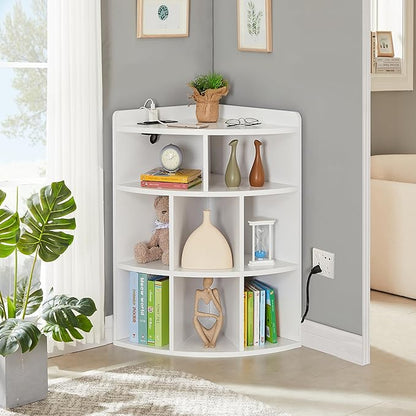 Vecelo Corner Cabinet with Charging Station, 3-Tier Bookcase Cube Storage Organizer with USB Outlets, Triangle Corner Bookcases with 8 Cubbies for Playroom, Bedroom, Living Room, Pearl White