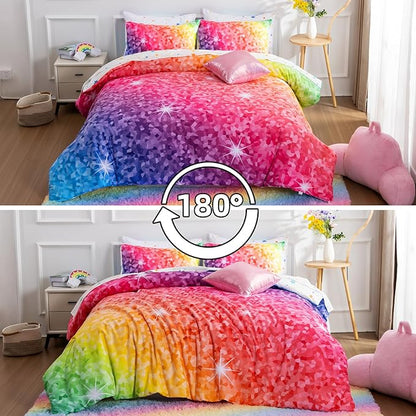 A Nice Night 6Pcs Gradient Abstract Art Grid Mosaic Geometric Bedding Set for Girls, Colorful Rainbow Galaxy Comforter Set, Ultra Soft Bedding Sets (PinkYellow,Twin 6Pcs)