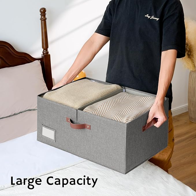 GRANNY SAYS Large Storage Bins With Lids, Decorative Boxes, Fabric Containers With Double-Open Lid and Divider, Collapsible Clothes Organizers, 63L Linen for Closet, Dark Gray