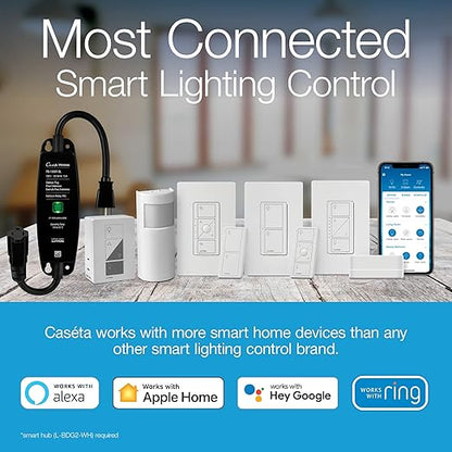 Lutron Caseta Smart Lighting Original Dimmer Switch (Lutron Smart Hub Required), for Light Bulbs, 150 Watt, Single-Pole/3-Way, No Neutral Required, PD-6WCL-WH, White