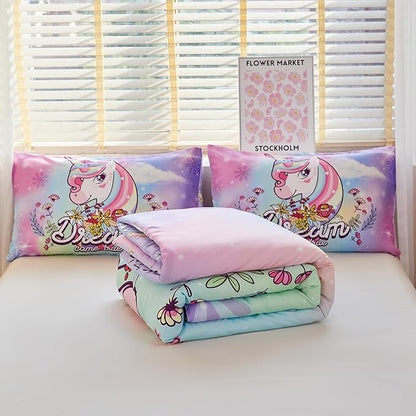 Unicorn Comforter Twin,Girls Pink Comforter Set,Kids Twin Comforter Set for Girls,Teen Girl Purple Unicorn Bedding Set Twin,Unicorn Room Decor with 2 Pillowcases