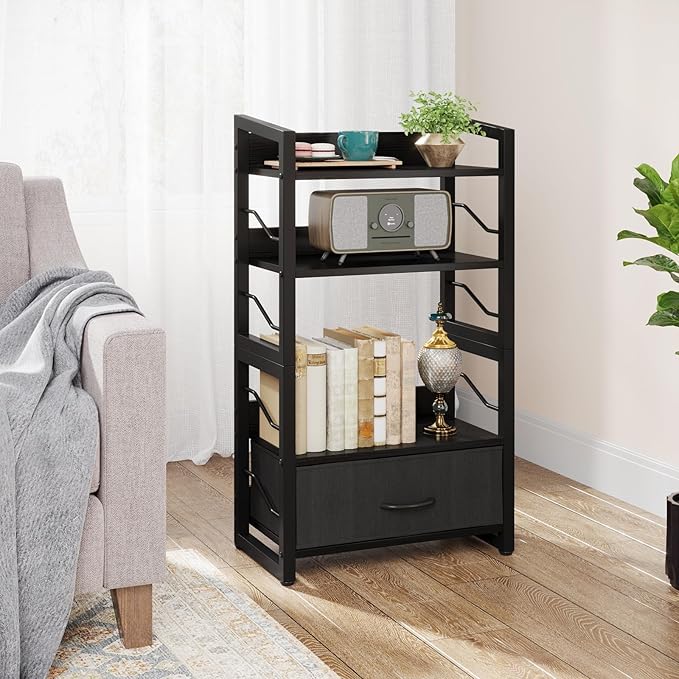 Small Bookshelf with Drawer: 4-Tier Wood Book Shelf Industrial Narrow Bookcase Storage Organizer Metal Stackable Shelves for Desktop Bedroom Living Room Home Office (Black)