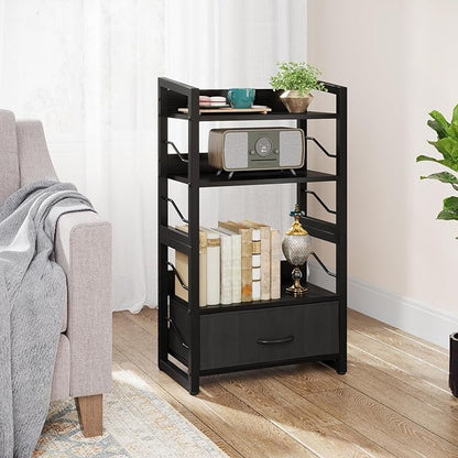 Small Bookshelf with Drawer: 4-Tier Wood Book Shelf Industrial Narrow Bookcase Storage Organizer Metal Stackable Shelves for Desktop Bedroom Living Room Home Office (Black)