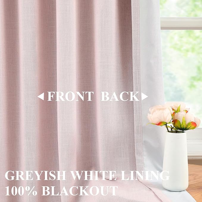 Vision Home Soft Pink Pinch Pleated Full Blackout Curtains Linen Blended Room Darkening Window Panels 95 inch for Living Room Bedroom Thermal Insulated Pinch Pleat Drapes with Hooks 60" Wx95 Lx1