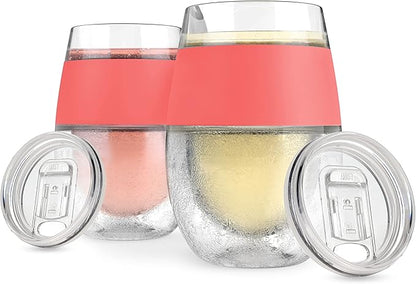 Host Cooling Wine Freeze Cup with Lid, Set of 2 Plastic Double Wall Insulated Wine Tumbler Drink Cups with Freezing Gel for Red and White Wine, Coral