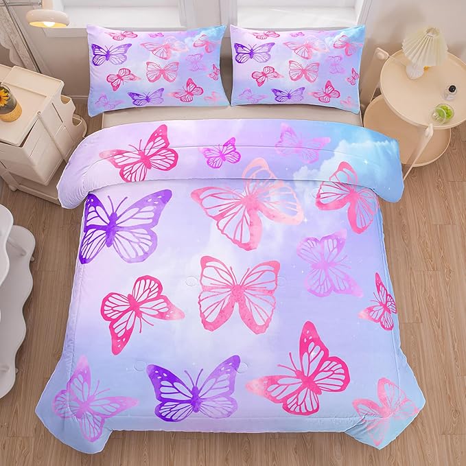Tailor Shop Butterfly Comforter Sets Full Size,Purple Butterfly Bedding Sets for Girls Kids Teens with 2 Pillowcase…