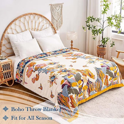 Boho Throw Blanket, 100% Cotton Ultra Soft Luxury Throw Rustic Quilt, 80"x90" Floral Bird Butterfly Farmhouse Decor Bed Blankets, All Season Rustic Reversible Bohemian Throw for Bed - Yellow