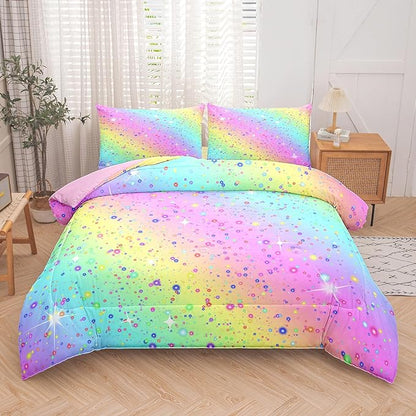 Girls Comforter Set Queen, Rainbow Bedding Set, Galaxy Twinkle Bedding for Kids Teens, Colorful Pastel Bedding Set, 5 pcs Bed in A Bag Queen, Kids Princess Bedding Set for Girls