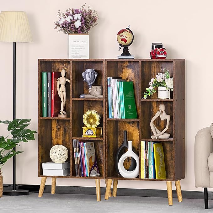 LEYAOYAO 5 Cube Small Bookshelf,3 Tier Mid-Century Bookcase with Legs,Wood Bookshelves Storage Organizer Shelf,Narrow Book Shelves,Brown Bookcases