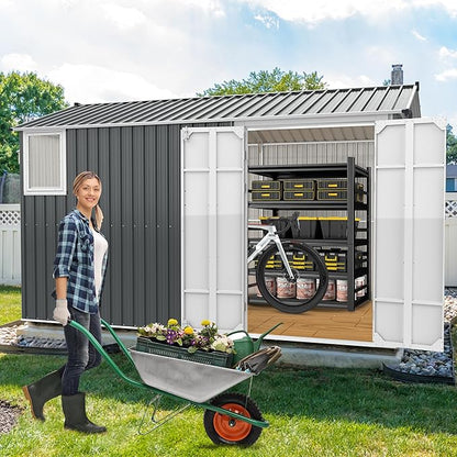 CHERY INDUSTRIAL.COM 8x12FT Outdoor Storage Shed Garden Shed Bike Storage Tool Shed with Metal Frame & Lockable Door for Patio Storage Lawn Mower Chicken Coop,Gray (Floor Base)
