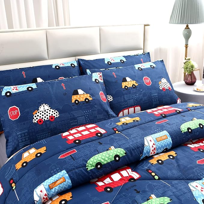 MAG 3Pcs Cartoon Car Comforter Set, Blue Cute Base Full Bedding Comforter Set,for Toddlers Kids,Boys Teens and Girls,Super Soft Microfiber, Full Size
