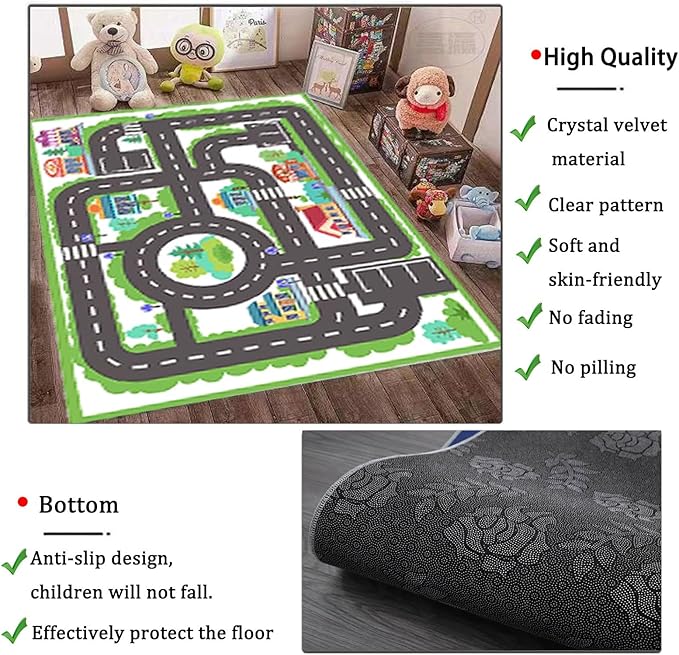 kid rug carpet playmat for toy cars and trains,road traffic kids play area rug,city Life town play Mat for Playroom Bedroom Boys,Children's Educational Fun Throw Rug with Rubber Backing 71X106IN