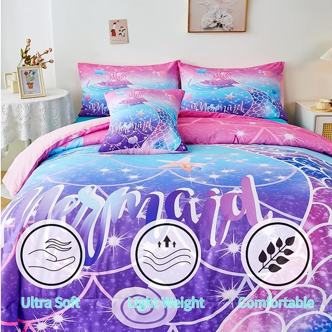 RYNGHIPY Mermaid Comforter Set 6Pcs, Kids Gilrs Bed in a Bag Twin Size, Mermaid Tail Print Teens Girls Bedding Set, Rainbow Bedding Collections