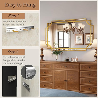 Kelly Miller Large Gold Mirror for Wall, 30"x46" Gold Bathroom Mirror Vanity Mirror Decorative Mirror Scalloped Beveled Mirror for Master Bath Half Bath Living Room Bedroom Farmhouse Fireplace Hallway