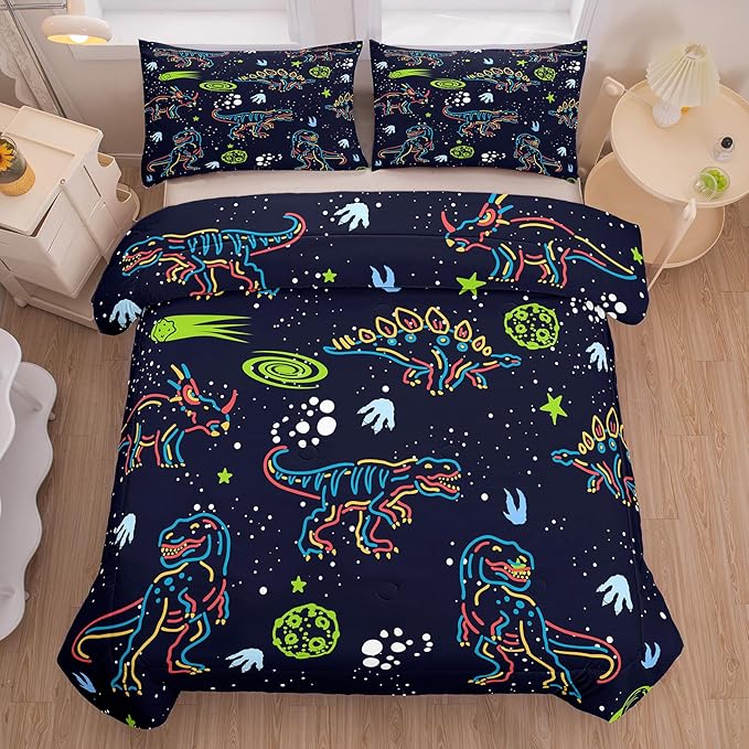 NINENINE Dinosaur Bedding Sets for Boys Kids,Dark Blue Retro Dinosaur Comforter Set,Queen Size Comforter Sets for Kids,with 1 Comforter 2 Pillowcases…