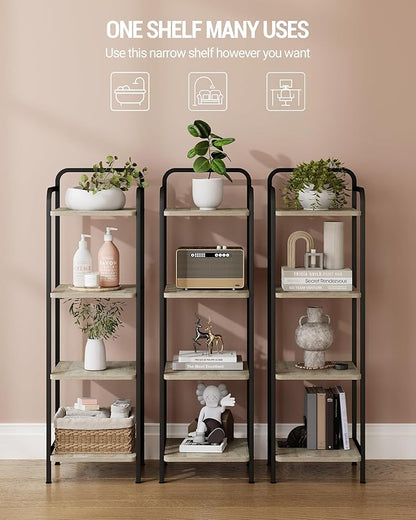 Bookcase Bookshelf, Narrow Book Shelf, Industrial Coner Shelf Storage Organizer, Slim Shelving Unit for Home Office, Living Room, Bedroom, Kitchen, 4-Tier Greige BC24405B