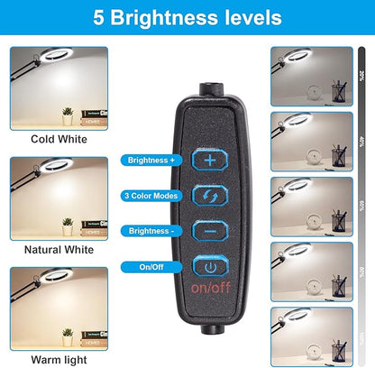 8X Magnifying Glass with Light, 3 Color Modes Stepless Dimmable 8-Diopter Real Glass Lens Magnifier with Light Desk Lamp Clamp Swivel Arm for Crafts Workbench