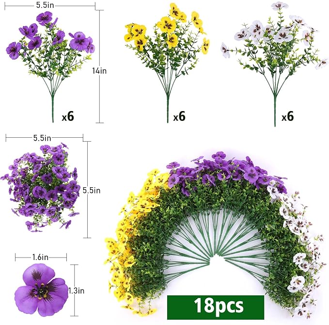 18 Bundles Artificial Fake Pansy Flowers for Outdoor, Faux UV Resistant Silk Pansies Flowers for Outside Planter Front Door Porch Yard Patio Window Box Home Decor (18, Purple, Yellow, White)