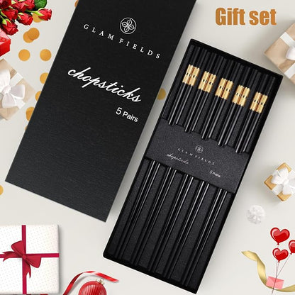 GLAMFIELDS 5 Pairs Premium Chopsticks Reusable Dishwasher Safe 9.5 Inch Fiberglass Chop Sticks Gift Set Non Slip Black+Gold