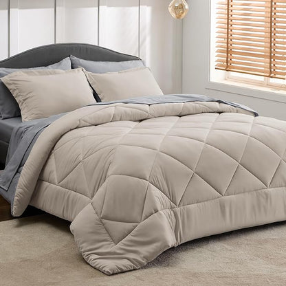 Bedsure Beige Full Comforter Set - 7 Pieces Reversible Bed Set Bed in a Bag Full with Comforters, Sheets, Pillowcases & Shams, Full Bedding Sets