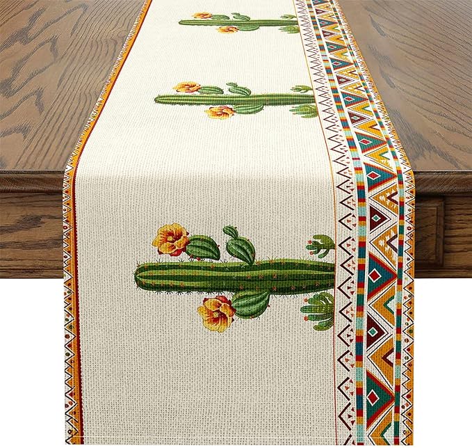 jejeloiu Green Cactus Table Runner,13" x 120" Boho Western Dresser Scarfs Aztec Decor Dresser Runners Southwestern Table Decor for Kitchen