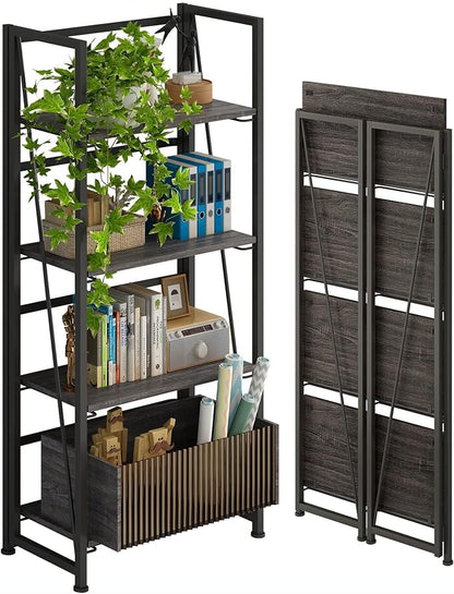 4NM No-Assembly Folding Bookshelf Storage Shelves 4 Tiers Vintage Bookcase Standing Racks Study Organizer Home Office (Gray and Black)