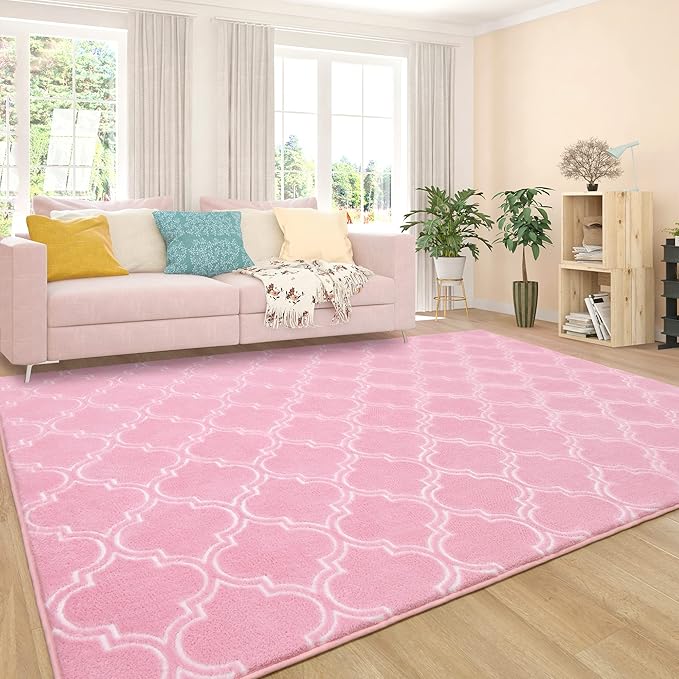 Chicrug Shag Geometric Modern Area Rug for Bedroom, 4x6 Feet Memory Foam Indoor Carpet, Fluffy Rug for Living Room Bedside Room Decor for Family Girls Kids Nursery Play Mat, Pink/White