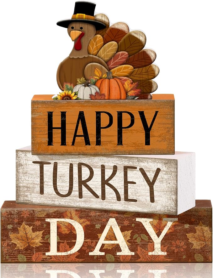 Moucuny 4 Pcs Fall Table Decorations for Home Thanksgiving Turkey Wooden Stacked Sign Decor Thanksgiving Tiered Tray Decor Rustic Happy Turkey Day Block Sign for Autumn Harvest Party Kitchen Shelf