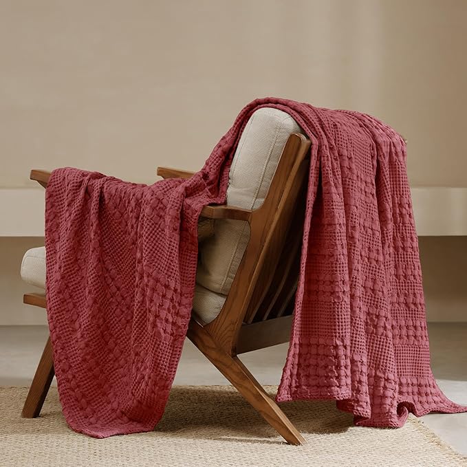 PHF 100% Cotton Waffle Weave Throw Blanket, Soft Lightweight Breathable Cozy Summer Throws for Couch Bed Sofa, Luxury Aesthetic Woven Blanket for Home Decor & Office, 50"x60", Wine Red
